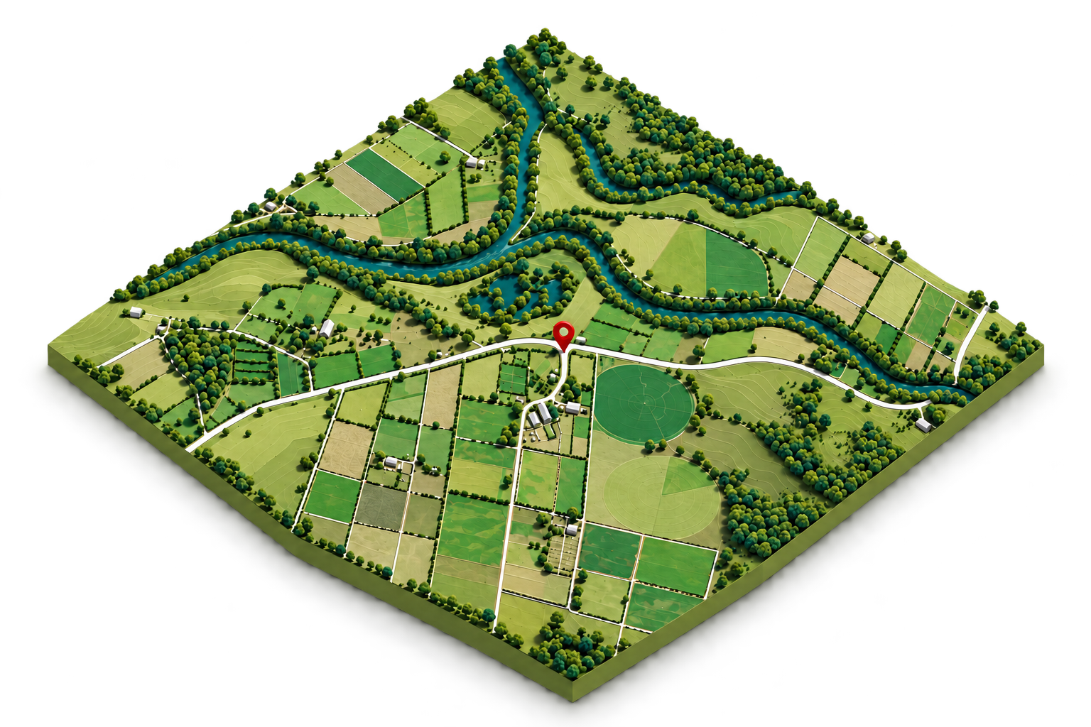 Isometric illustration of Newgate’s paddocks, river and Hunter Valley landscape